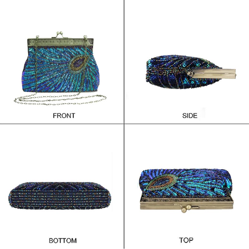 VISTATROY Peacock Clutch Beaded Sequin Vintage Evening Handbag 1920s Party Wedding Purse - Image 4